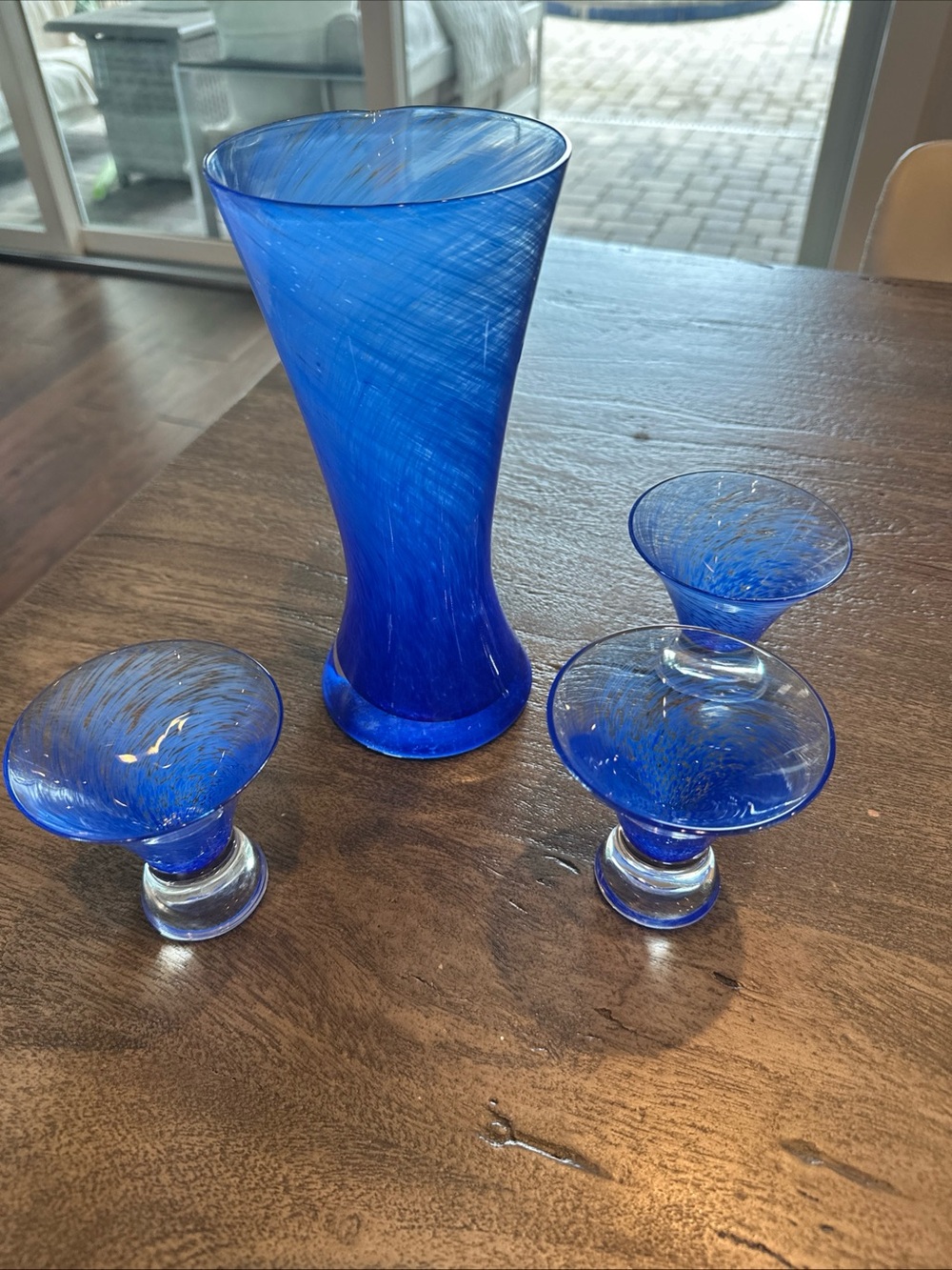 Dansk 4 Pc Blue Swirl Martini Cocktail Set Blueberry Twist Pitcher & 3 Glasses
